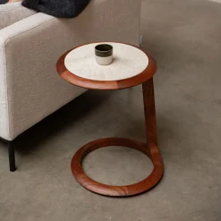 Zuiver Bijzettafel Doppio Travertin en acaciahout, 45 x 41cm* Ronde Bijzettafel