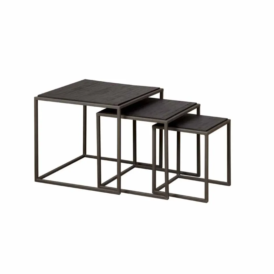 RENEW Bijzettafel Fanna Teakhout, Set van 3 stuks* Zwarte Bijzettafel|Bijzettafels Set