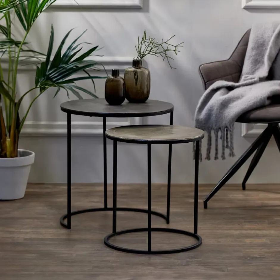 Light & Living Bijzettafel Talca Set van 2 stuks, 40/49cm, kleur Antiek Lood* Bijzettafels Set|Ronde Bijzettafel