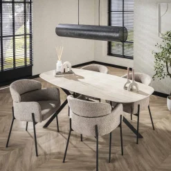 LifestyleFurn Deens Ovale Eettafel Andrienne Keramiek in Travertin-look, 180 x 90cm* Travertin Eettafel|Ovale Eettafel