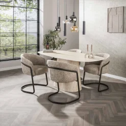 LifestyleFurn Deens Ovale Eettafel Indar Keramiek in Travertinlook, 180 x 90cm* Travertin Eettafel|Ovale Eettafel