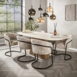 LifestyleFurn Deens Ovale Eettafel Laycie Keramiek in Travertin-look, 215 x 105cm* Travertin Eettafel|Ovale Eettafel