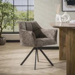 LifestyleFurn Draaibare Eetkamerstoel Thandie Hoven stof en zwart staal* Beige Eetkamerstoelen|Draaibare Eetkamerstoelen