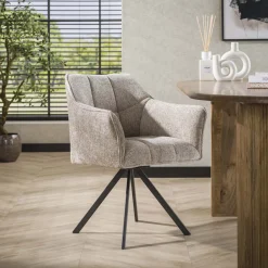 LifestyleFurn Draaibare Eetkamerstoel Thandie Hoven stof en zwart staal* Beige Eetkamerstoelen|Draaibare Eetkamerstoelen