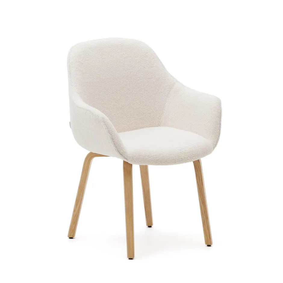 Kave Home Eetkamerstoel Aleli Teddy, Naturel onderstel* Eetkamerstoelen Bouclé / Teddy