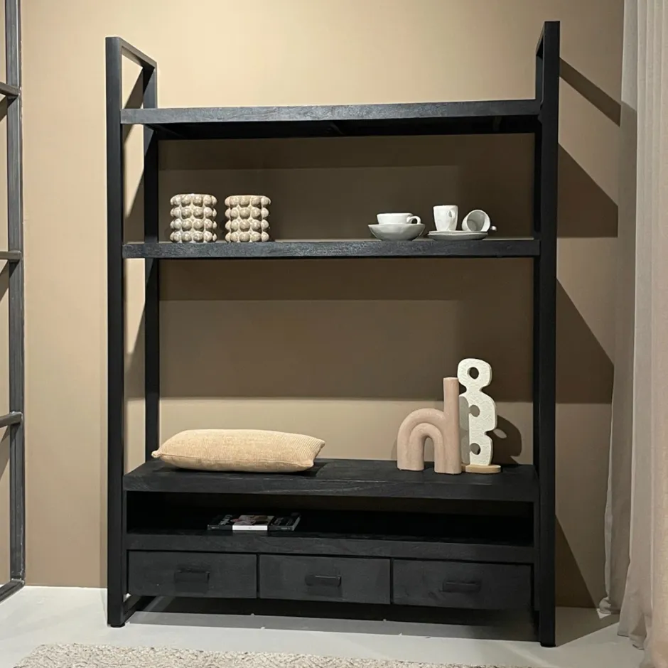 Livingfurn Hoog TV-meubel Norris Mangohout en staal, 150 cm* Tv-Meubel Zwart