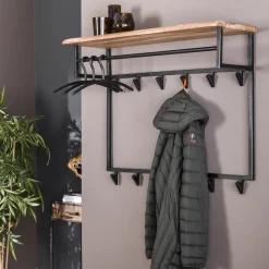 LifestyleFurn Kapstok Liona Acaciahout en metaal, met 12 haken en plank* Wandkapstokken