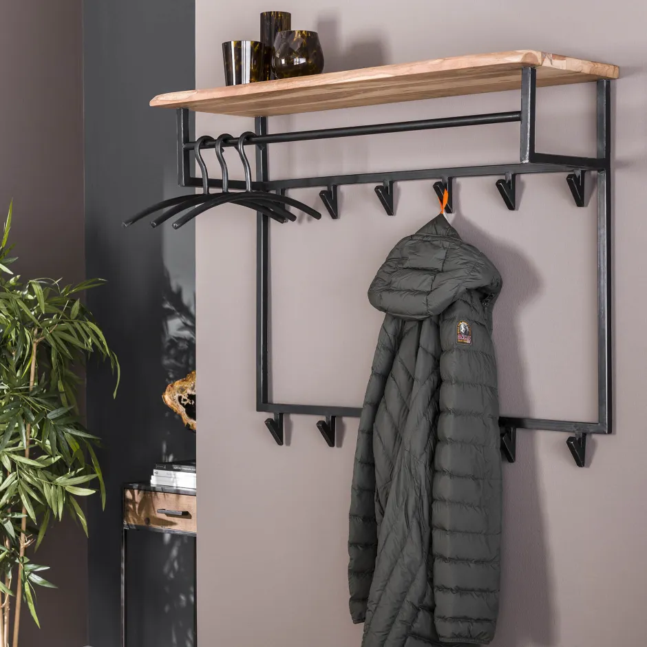 LifestyleFurn Kapstok Liona Acaciahout en metaal, met 12 haken en plank* Wandkapstokken
