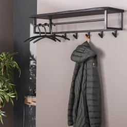 LifestyleFurn Kapstok Yena Acaciahout en metaal, met 6 haken en plank, kleur zwart* Wandkapstokken
