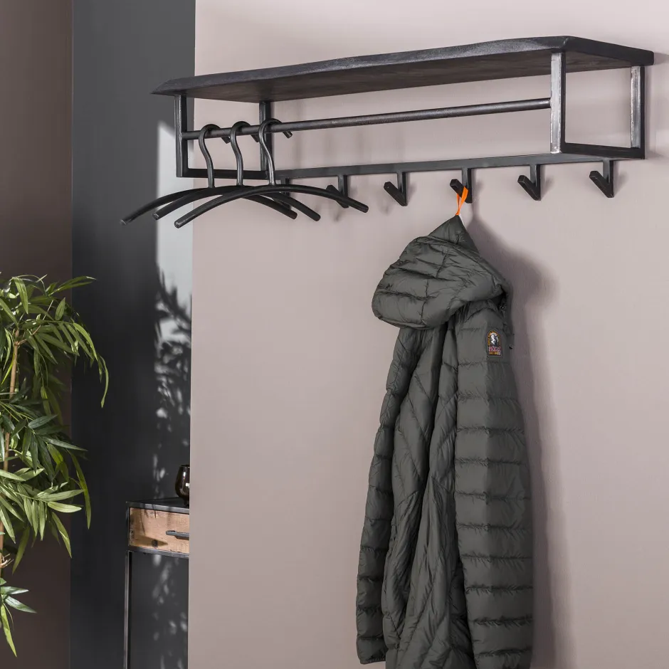 LifestyleFurn Kapstok Yena Acaciahout en metaal, met 6 haken en plank, kleur zwart* Wandkapstokken