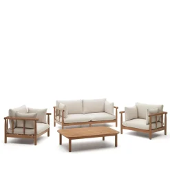 Kave Home Loungeset Sacova Eucalyptushout, Met 2 fauteuils, 2-zitsbank en salontafel* Loungesets