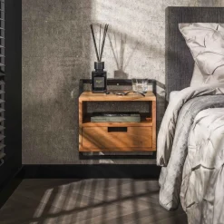 LifestyleFurn Nachtkastje Cruz Acaciahout en metaal, Met 1 lade* Nachtkastjes|Nachtkastjes