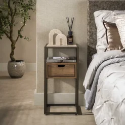 LifestyleFurn Nachtkastje Nikka Eikenlook en travertinlook, Met 1 lade* Nachtkastjes|Nachtkastjes