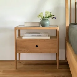 Ethnicraft Nachtkastje Spindle Hout en glas, Met 1 lade* Nachtkastjes|Nachtkastjes