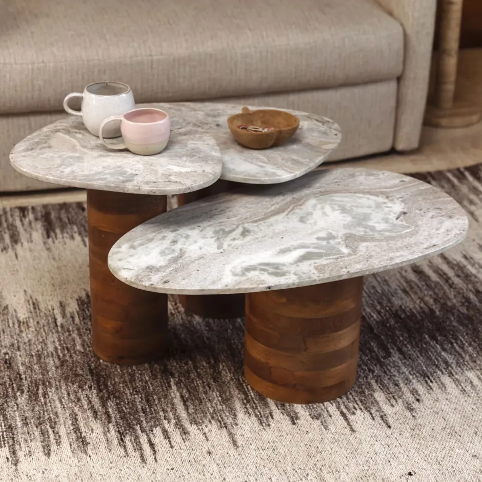 Dutchbone Organische Bijzettafel Suki Marmer en mangohout, Set van 3 stuks* Bijzettafels Set