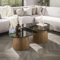 LifestyleFurn Organische Salontafel Kely Driehoek, set van 2 stuks, Brons glas* Salontafel Set|Glazen Salontafel