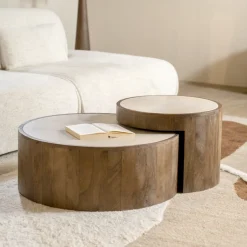 Eleonora Ronde Salontafel Hazel Mangohout en marmer, Set van 2 stuks* Sohome Giftcard|Salontafel Set