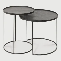 Ethnicraft Ronde Bijzettafel Tray Gelakt Hout, Set van 2 stuks* Zwarte Bijzettafel|Bijzettafels Set