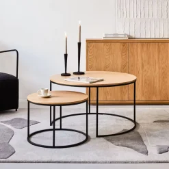 Kave Home Ronde Bijzettafel Yoana Eikenhout, Set van 2 stuks* Bijzettafels Set|Ronde Bijzettafel