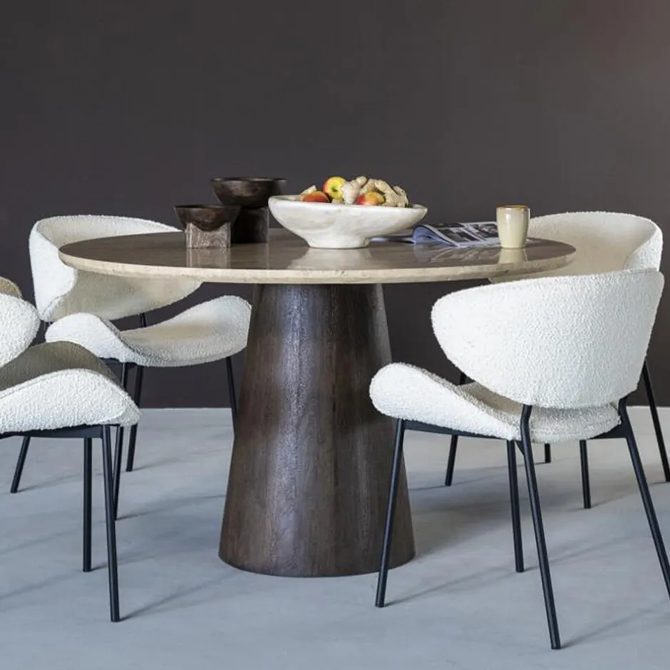 Eleonora Ronde Eettafel Aikin Travertin en Mangohout, 130cm* Travertin Eettafel|Ronde Eettafel
