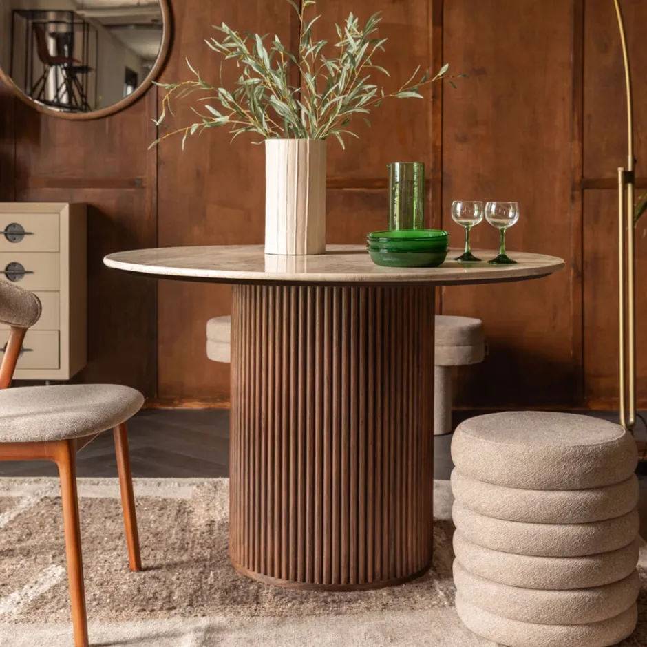 Dutchbone Ronde Eettafel Arda Walnoot en travertin, 115cm* Travertin Eettafel|Ronde Eettafel
