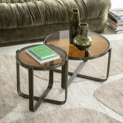 By-Boo Ronde Salontafel Groovy Set van 2 stuks, Glas, kleur Bruin* Glazen Salontafel|Ronde Salontafel