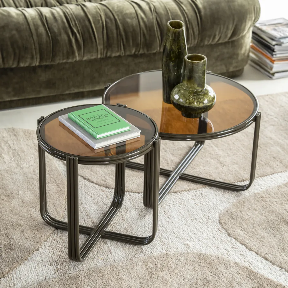 By-Boo Ronde Salontafel Groovy Set van 2 stuks, Glas, kleur Bruin* Glazen Salontafel|Ronde Salontafel