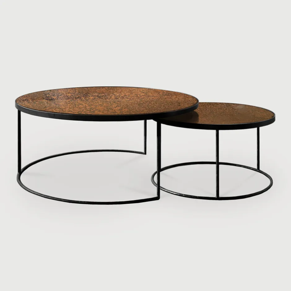 Ethnicraft Ronde Salontafel Nesting Spiegelglas, Set van 2 stuks* Salontafel Set|Glazen Salontafel
