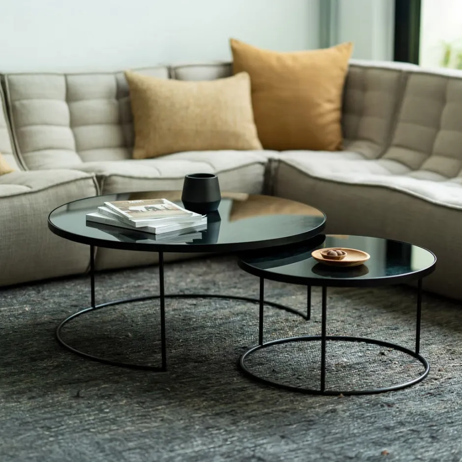 Ethnicraft Ronde Salontafel Nesting Spiegelglas, Set van 2 stuks* Salontafel Set|Glazen Salontafel