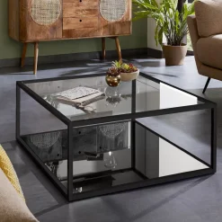 Kave Home Salontafel Blackhill Glas met zwart frame* Vierkante Salontafel|Glazen Salontafel