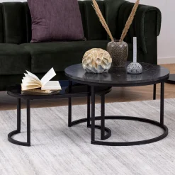 Bendt Salontafel Flemming Set van 2 stuks, Marmerlook en glas, kleur zwart* Salontafel Set|Glazen Salontafel