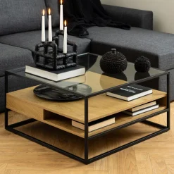 Bendt Salontafel Maikel Eiken en glas, 80 x 80cm* Vierkante Salontafel|Glazen Salontafel
