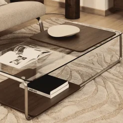 Kave Home Salontafel Tarsel Glas en walnootfineer, 140 x 60cm* Glazen Salontafel