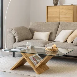 Kave Home Salontafel Waley Eiken met glasplaat, 120 x 70cm* Glazen Salontafel