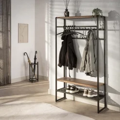 LifestyleFurn Staande Kapstok Karalynn Met haken en roede, Eikenlook en staal* Staande Kapstokken