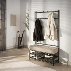 LifestyleFurn Staande Kapstok Karalynn Met 11 haken en bankje, Stof en staal* Staande Kapstokken