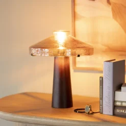 By-Boo Tafellamp Dome Hout en glas, 35cm hoog* Tafellampen
