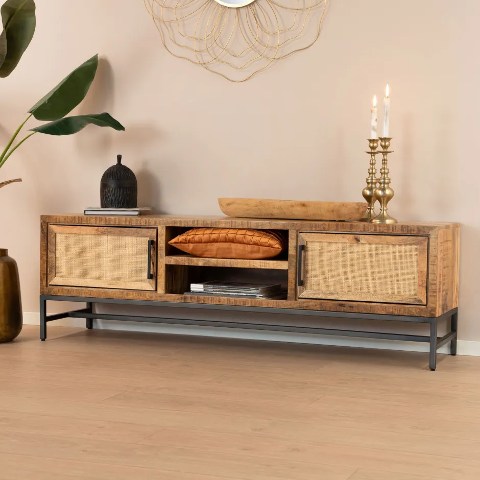 RENEW TV-meubel Carini Hout en Webbing, 160cm* Tv-Meubel Zwart