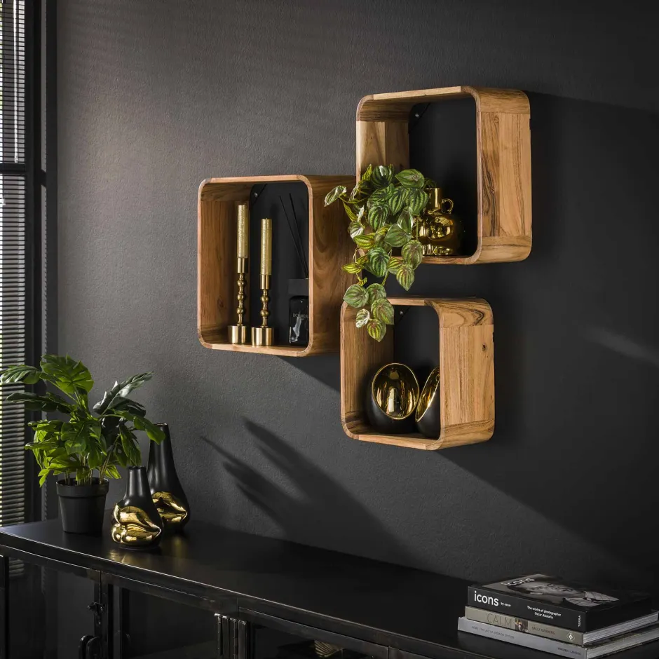 LifestyleFurn Wandplank Grover Acaciahout, Set van 3 stuks* Wandrekjes & Wandplanken
