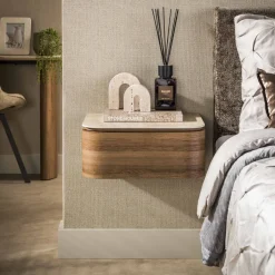 LifestyleFurn Zwevend Nachtkastje Nikka Eikenlook en travertinlook, Met 1 lade* Nachtkastjes|Nachtkastjes